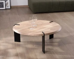 Outlet Table basse ronde design en acacia et 3 pieds métal noir