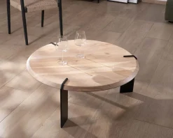 Outlet Table basse ronde design en acacia et 3 pieds métal noir