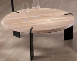 Outlet Table basse ronde design en acacia et 3 pieds métal noir