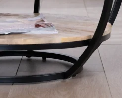 Clearance Table basse ronde double plateau en manguier massif et structure métal noir "Loopie" Table Basse Ovale Ou Ronde