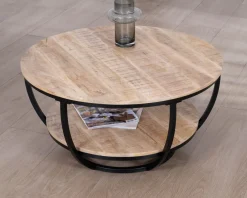 Clearance Table basse ronde double plateau en manguier massif et structure métal noir 