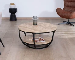 Clearance Table basse ronde double plateau en manguier massif et structure métal noir 