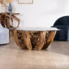 Best Table basse ronde en bois de teck flotté et plateau verre "Kanoa" 120 cm Table Basse Ovale Ou Ronde