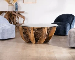 Best Table basse ronde en bois de teck flotté et plateau verre "Kanoa" 120 cm Table Basse Ovale Ou Ronde