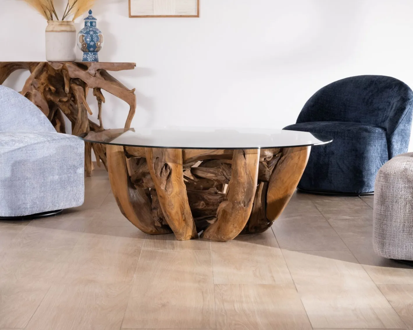 Best Table basse ronde en bois de teck flotté et plateau verre "Kanoa" 120 cm Table Basse Ovale Ou Ronde