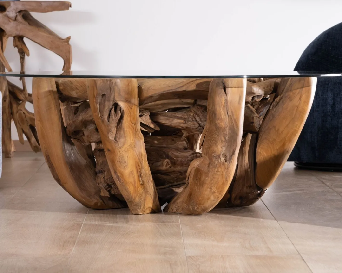 Best Table basse ronde en bois de teck flotté et plateau verre "Kanoa" 120 cm Table Basse Ovale Ou Ronde