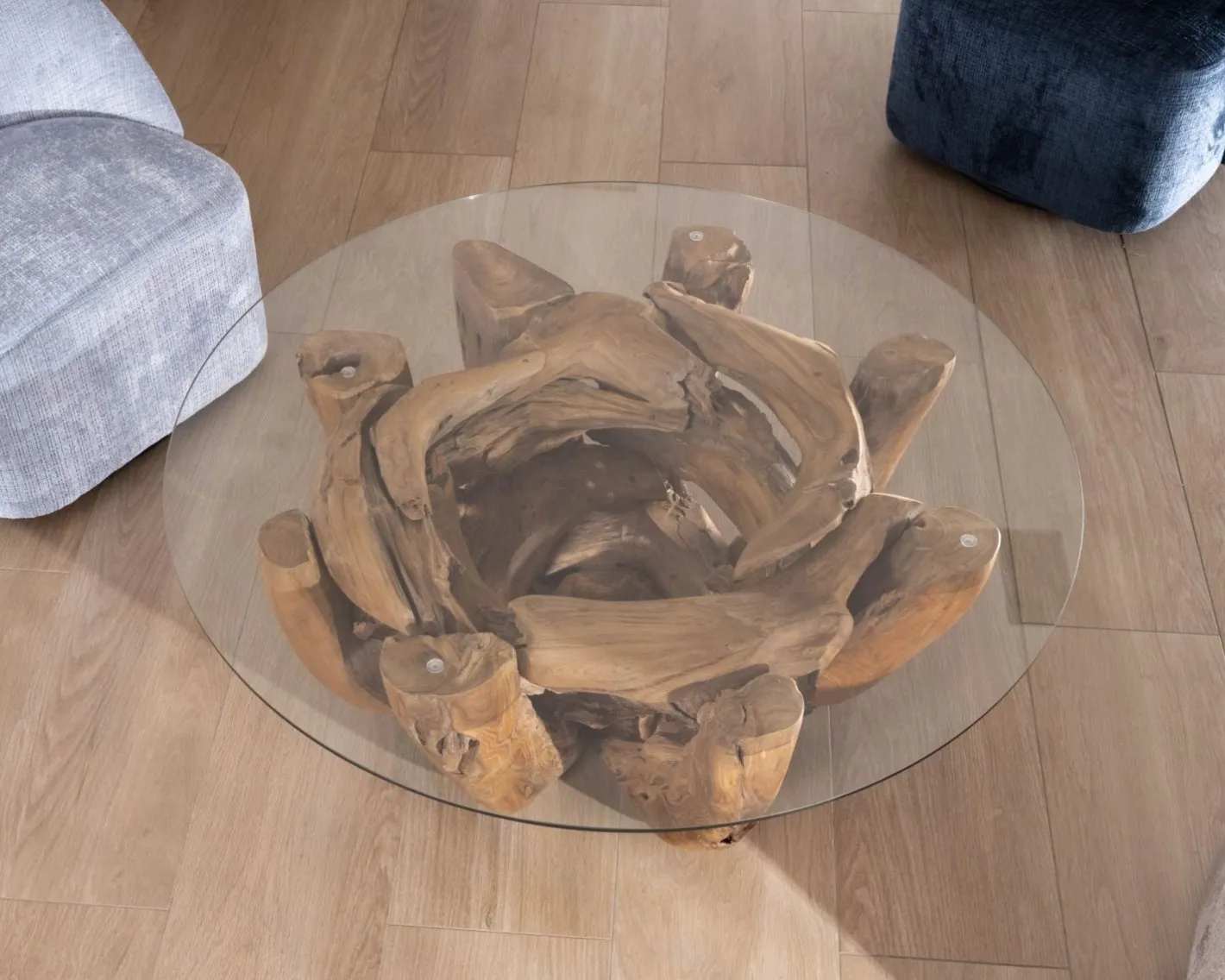 Best Table basse ronde en bois de teck flotté et plateau verre "Kanoa" 120 cm Table Basse Ovale Ou Ronde