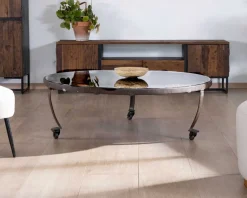Clearance Table basse ronde en bois recyclé et plateau verre avec pieds métal "Népalaise" Table Basse Ovale Ou Ronde