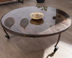 Clearance Table basse ronde en bois recyclé et plateau verre avec pieds métal 
