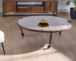 Clearance Table basse ronde en bois recyclé et plateau verre avec pieds métal 