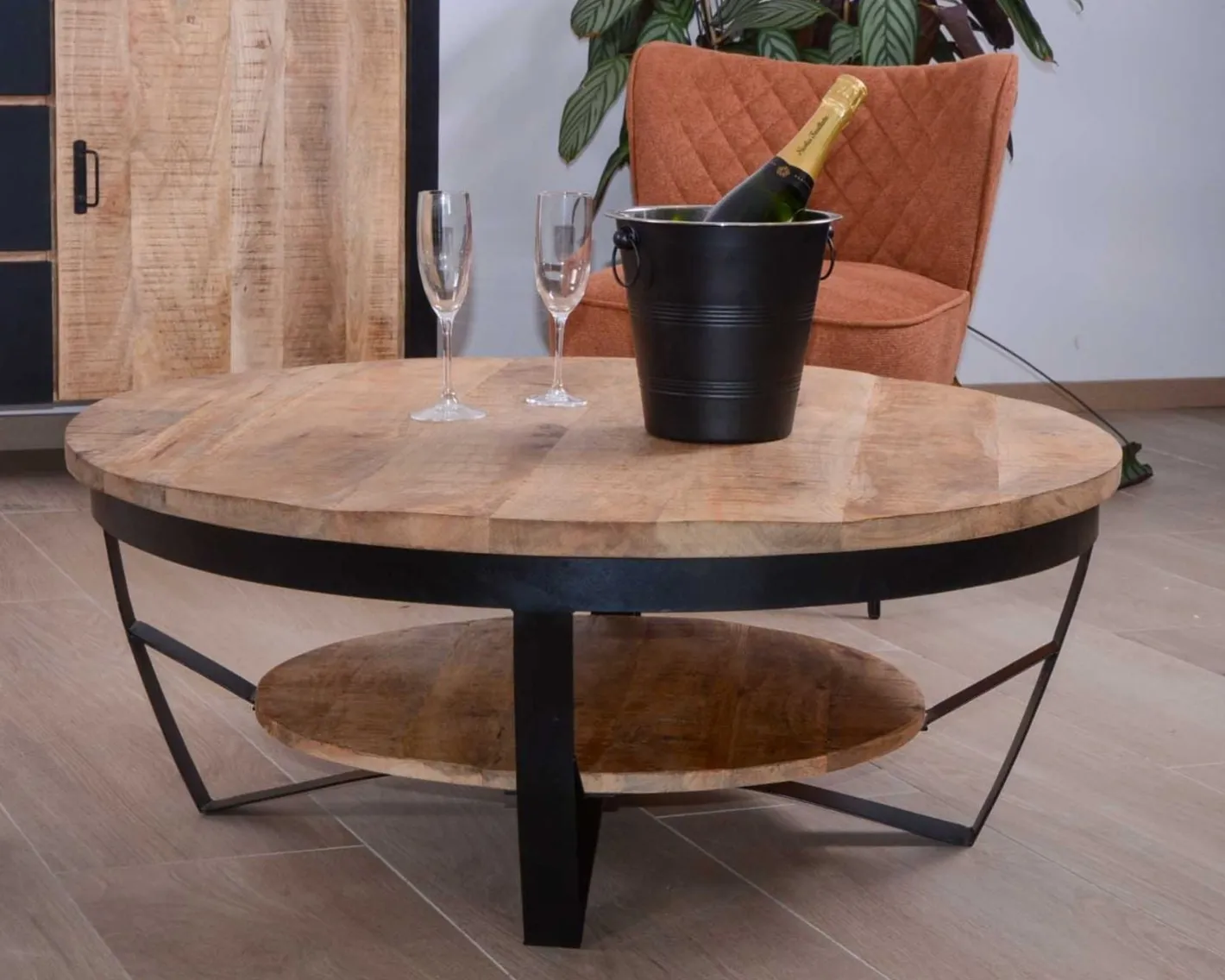Hot Table basse ronde en manguier massif et métal "Andy" diam. 90cm Table Basse Ovale Ou Ronde