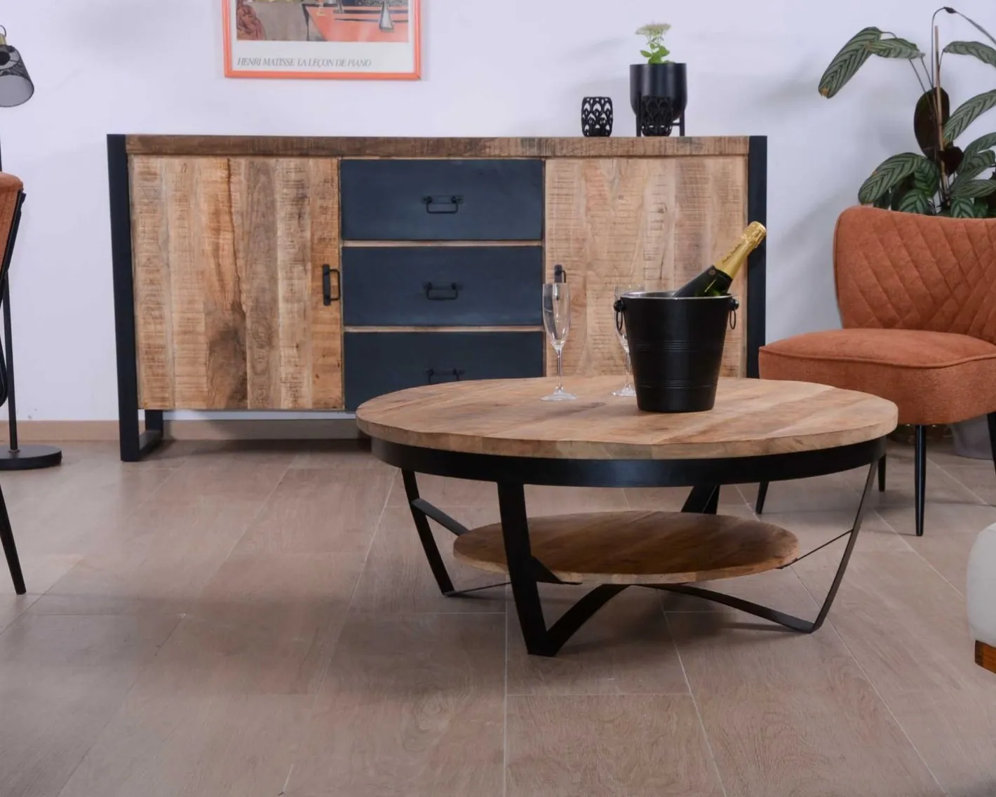 Hot Table basse ronde en manguier massif et métal "Andy" diam. 90cm Table Basse Ovale Ou Ronde