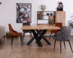 Sale Table carrée 150x150 cm acacia naturel massif et métal noir 