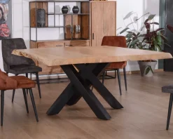Sale Table carrée 150x150 cm acacia naturel massif et métal noir 