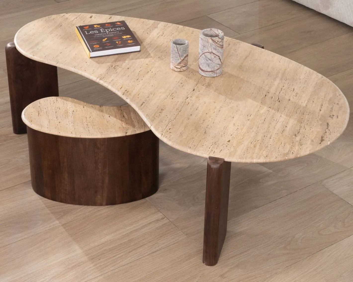 New Table d'appoint design en travertin et manguier "Archipel" forme naturelle Bout De Canapé|Table D'Appoint