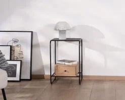 Outlet Table de chevet design en métal et bois avec plateau en placage pierre