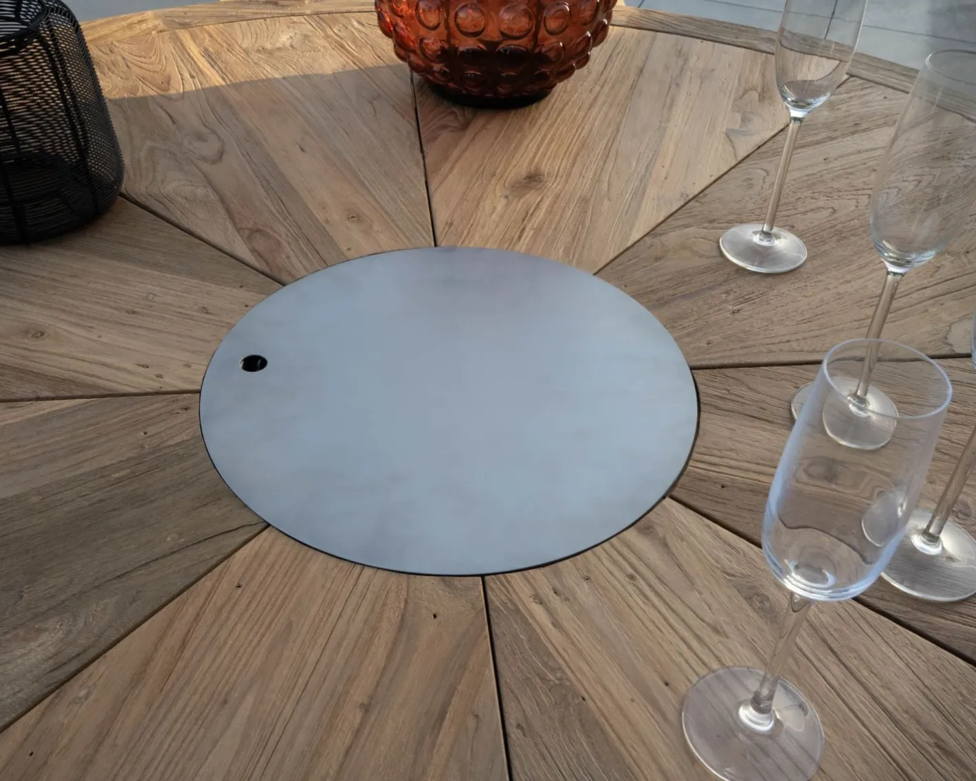 Hot Table de jardin haut de gamme "Hélios" avec plateau rosace et seau à glace intégré Table À Manger Ronde Ou Ovale