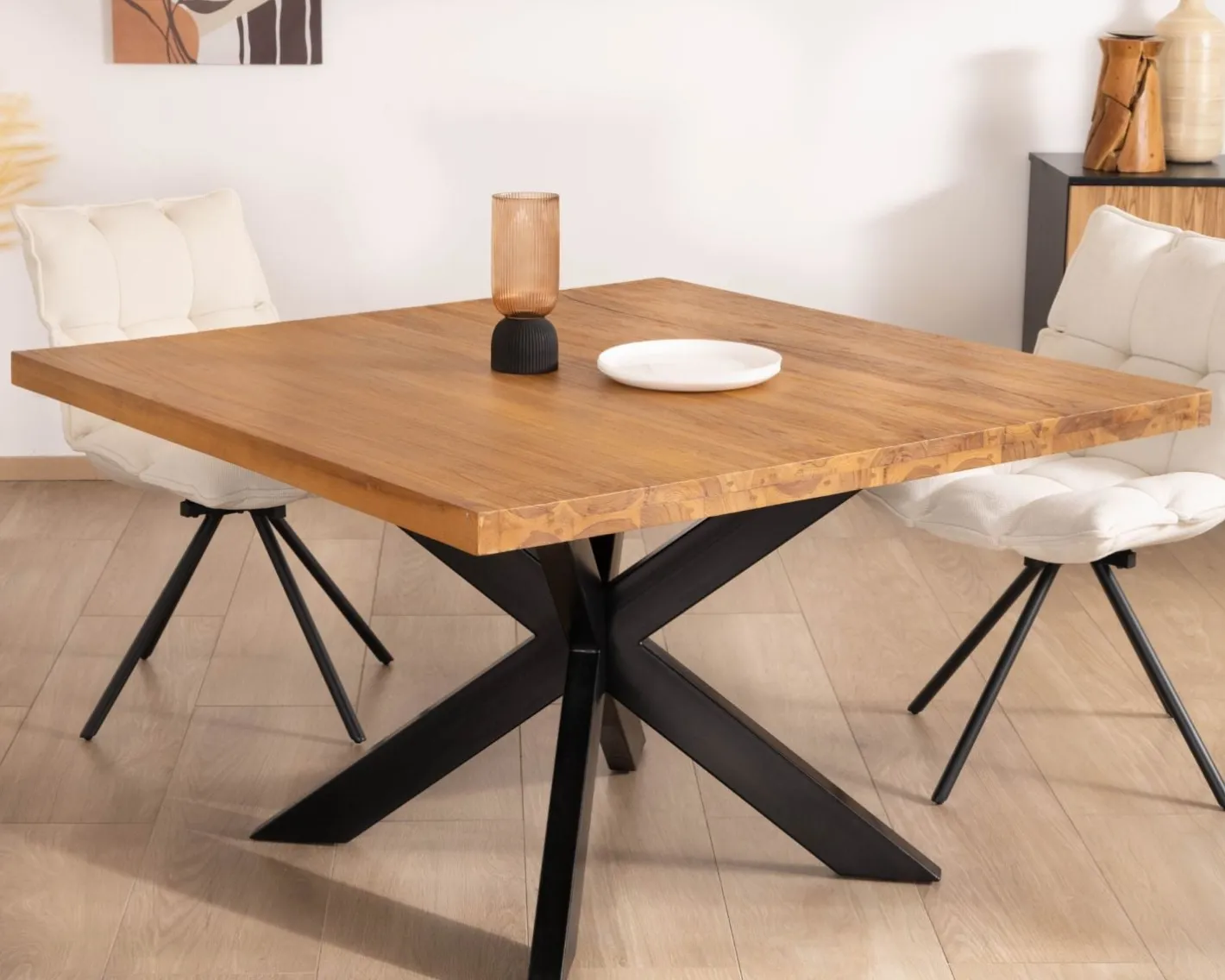 Online Table de repas carrée en teck pied métal 130 cm "Zenia" Table À Manger Carrée