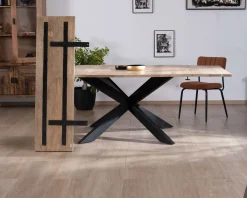 Hot Table de repas carrée extensible style industriel manguier et métal "Haden" 140x140-220cm Table À Manger Carrée
