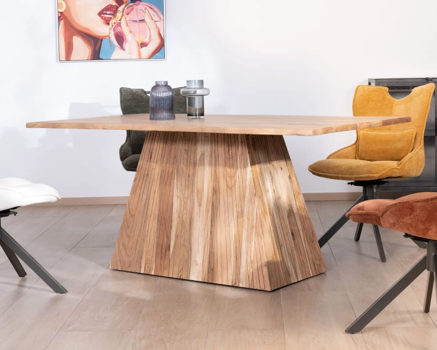 Clearance Table de repas 175 cm design "Elki" en acacia avec pied central Table À Manger Rectangulaire