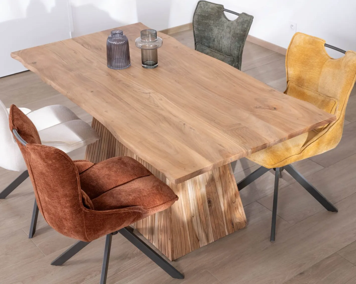 Clearance Table de repas 175 cm design "Elki" en acacia avec pied central Table À Manger Rectangulaire