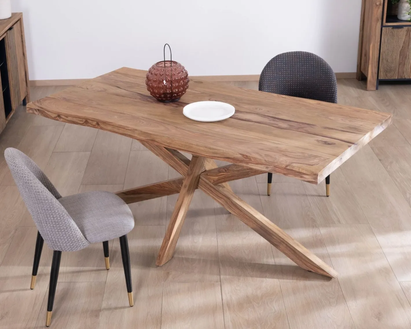 New Table de repas 180 cm plateau naturel et pieds croix "Enoa" 100% palissandre Table À Manger Rectangulaire