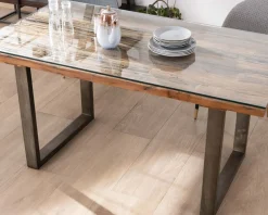 Online Table de repas design en bois recyclé et pieds métal en U "Crescendo" avec plateau verre Table À Manger Rectangulaire