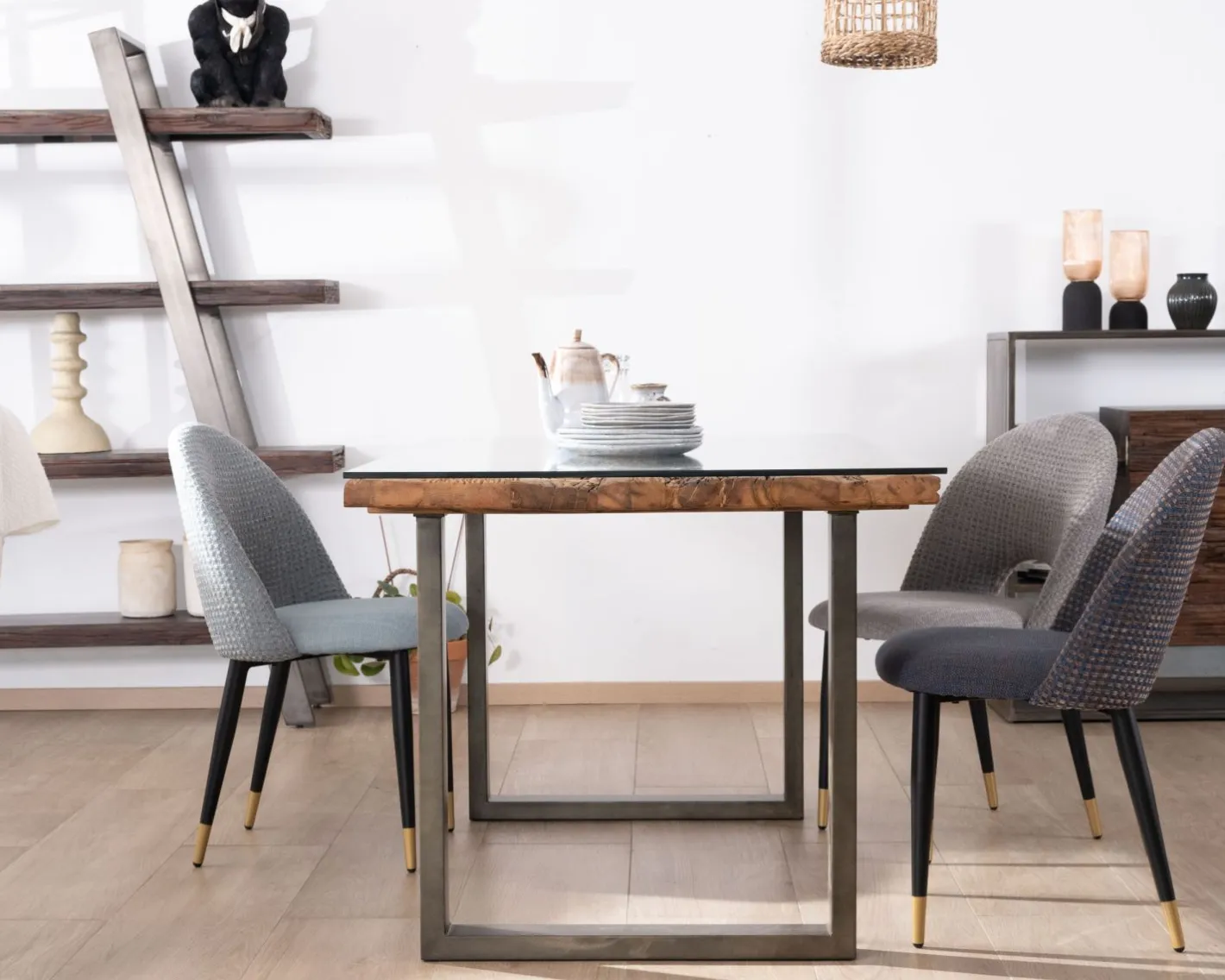 Online Table de repas design en bois recyclé et pieds métal en U "Crescendo" avec plateau verre Table À Manger Rectangulaire