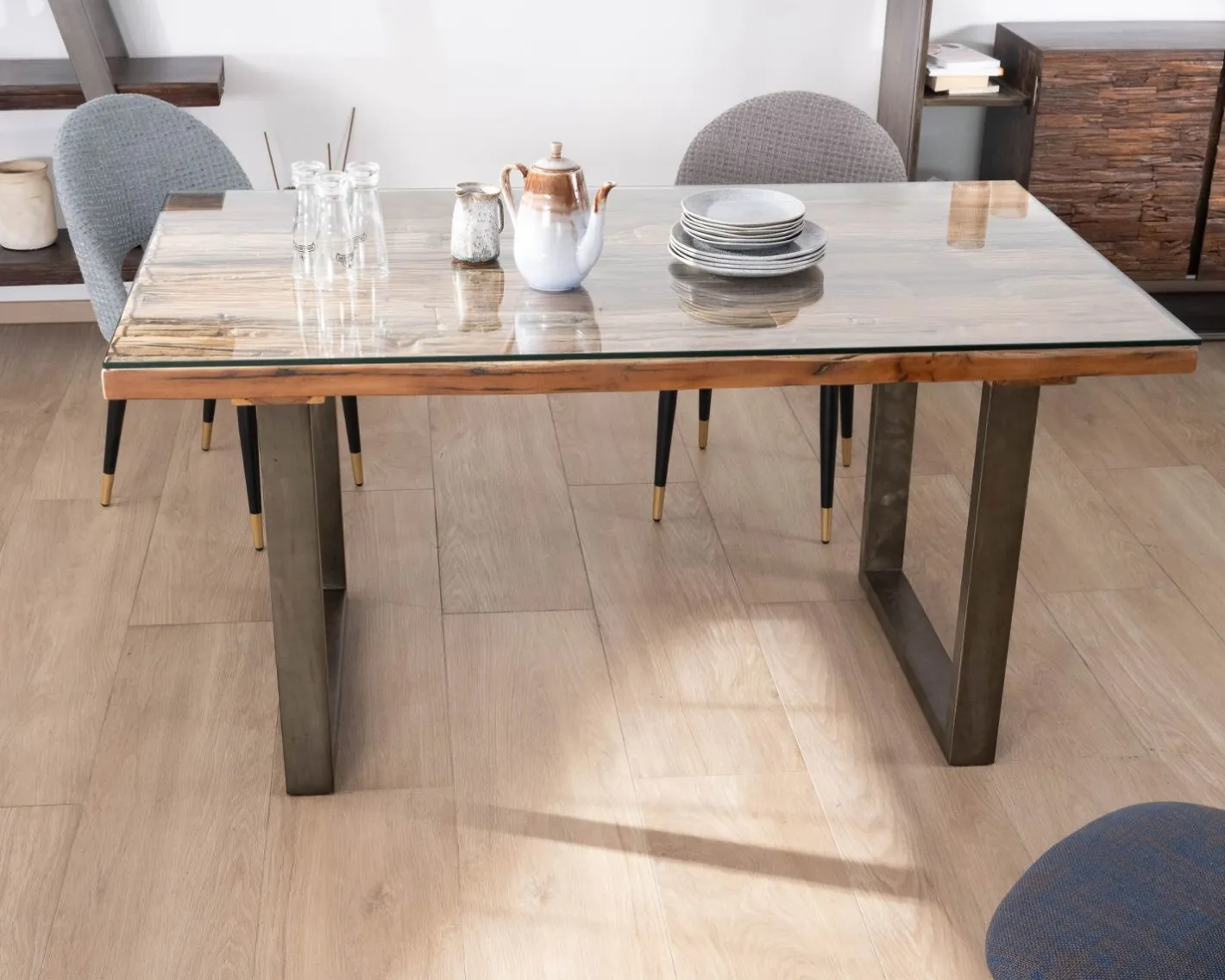 Online Table de repas design en bois recyclé et pieds métal en U "Crescendo" avec plateau verre Table À Manger Rectangulaire