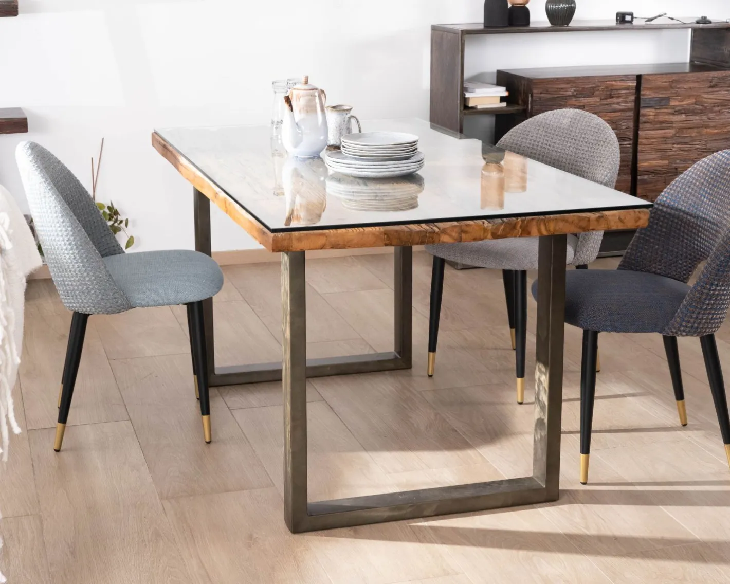 Online Table de repas design en bois recyclé et pieds métal en U "Crescendo" avec plateau verre Table À Manger Rectangulaire