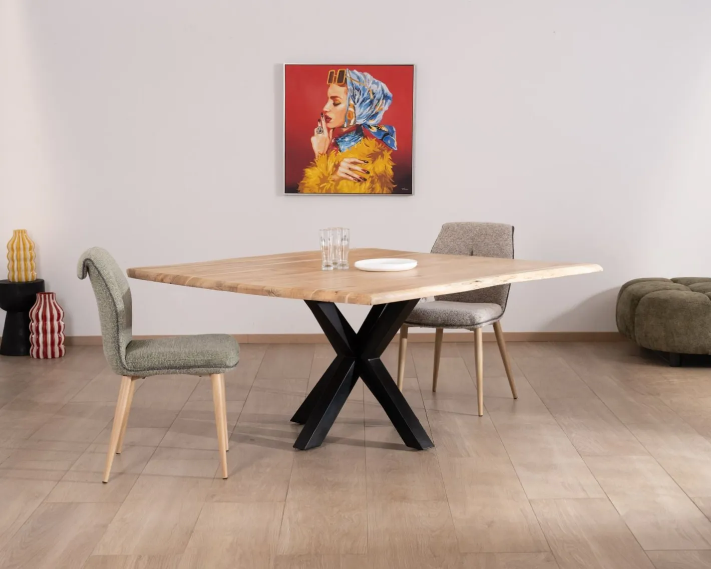 Best Table de repas en acacia et pieds mikado "3D" plateau forme carrée 150 cm Table À Manger Carrée