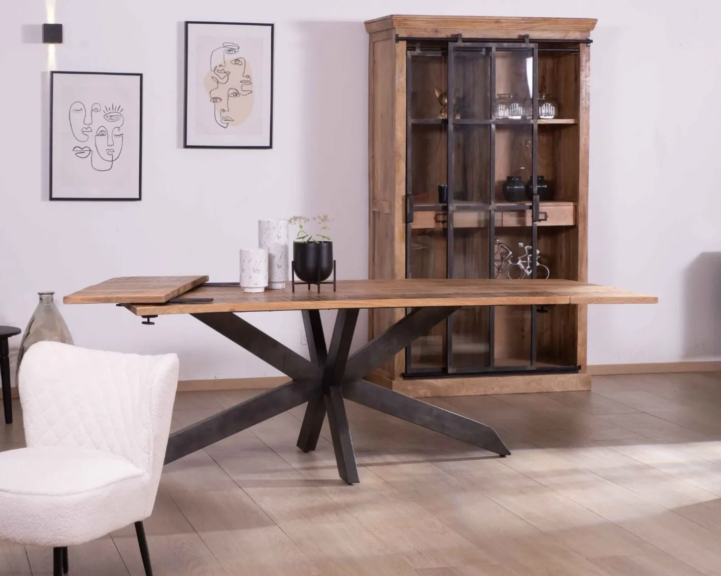 Discount Table de repas extensible 180-260cm pied étoile bois métal "Caractère" Table À Manger Rectangulaire