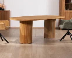 Clearance Table de repas ovale 220 cm et pieds ronds cannelés en chêne huilé "Winton" style rétro Table À Manger Ronde Ou Ovale
