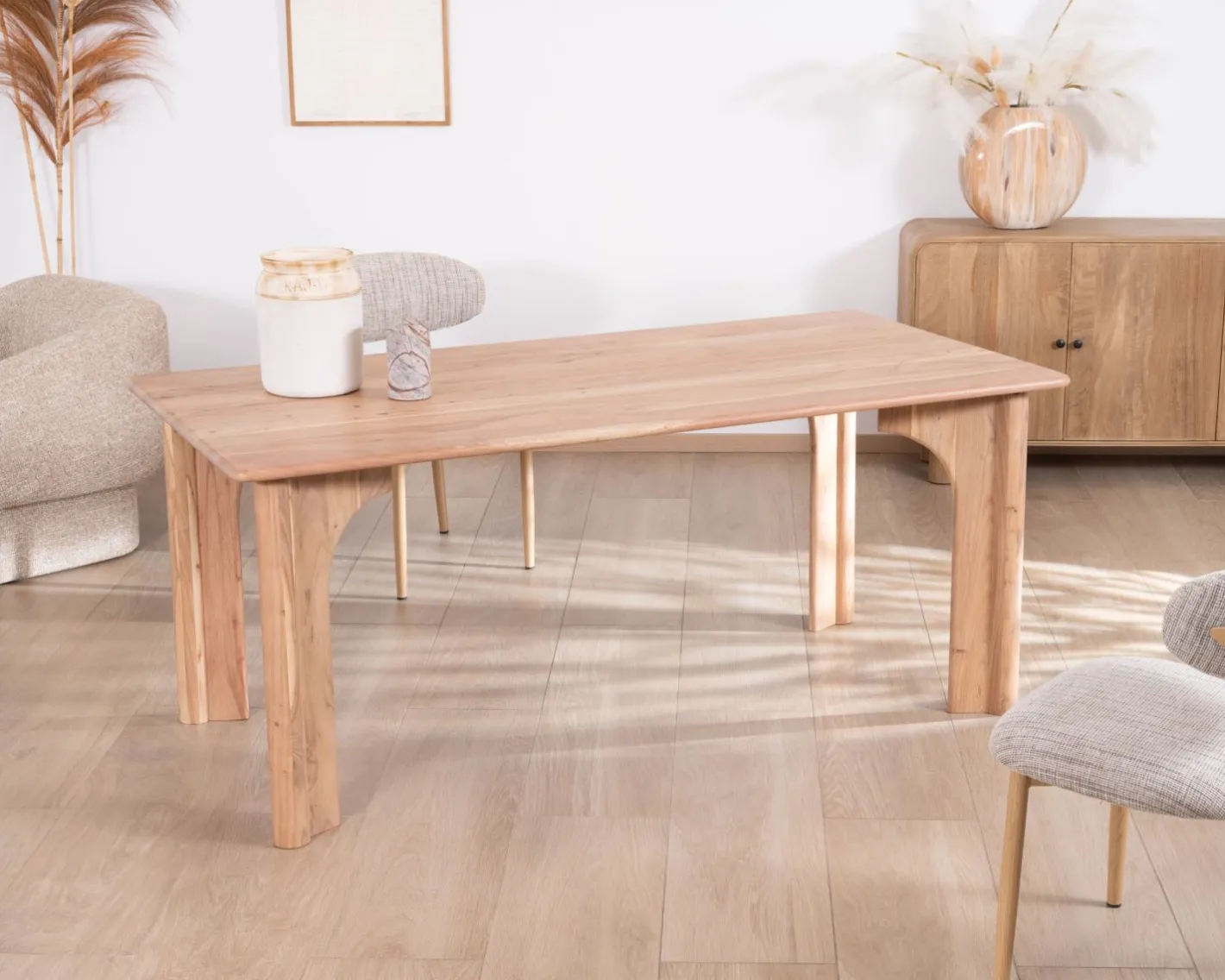 New Table de repas rectangulaire 180 cm design scandinave "Alba" en acacia massif blanchi Table À Manger Rectangulaire