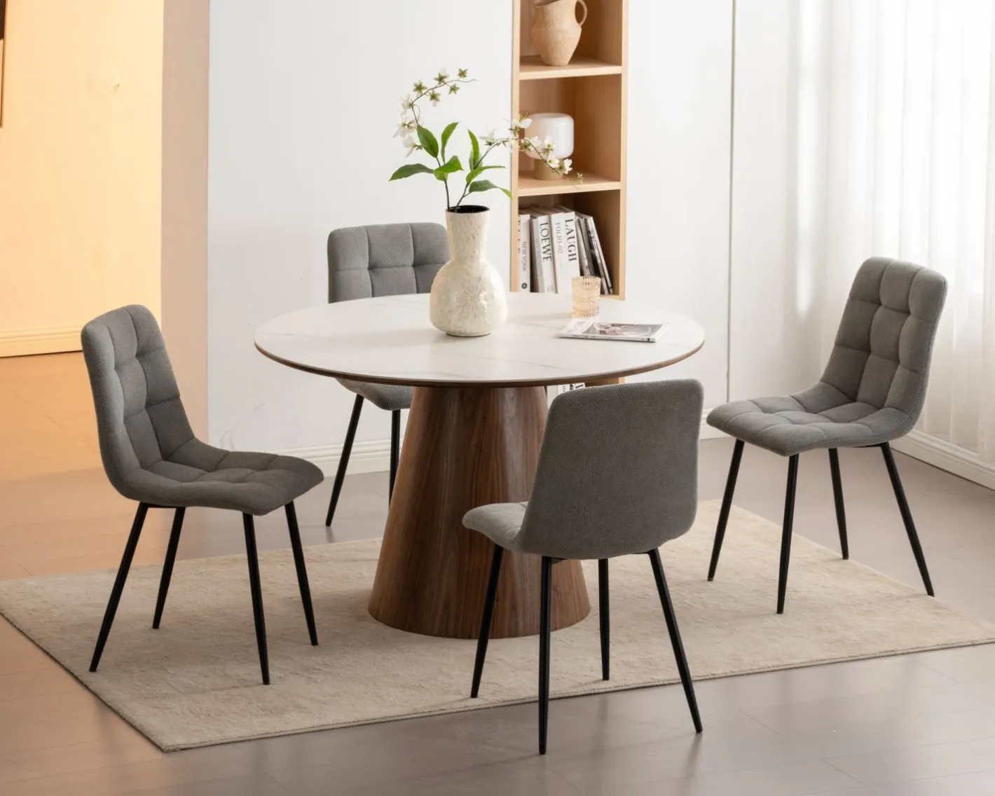 Hot Table de repas ronde 120 cm plateau céramique blanc effet marbre "Oria" piètement aspect noyer Table À Manger Ronde Ou Ovale