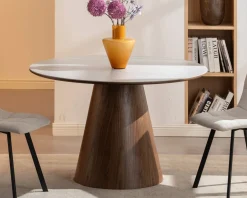 Hot Table de repas ronde 120 cm plateau céramique blanc effet marbre
