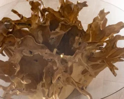 Discount Table de repas ronde en racine de teck naturel avec plateau verre 