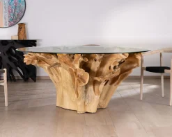 Discount Table de repas ronde en racine de teck naturel avec plateau verre 