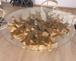 Discount Table de repas ronde en racine de teck naturel avec plateau verre 