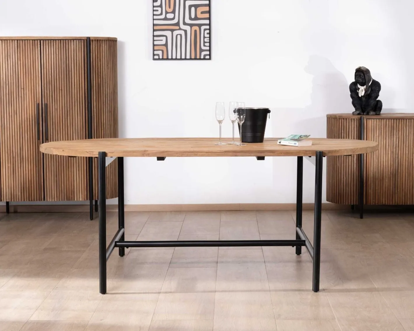 New Table de salle à manger vintage en teck et métal "Troms" 200 x 100 cm Table À Manger Ronde Ou Ovale
