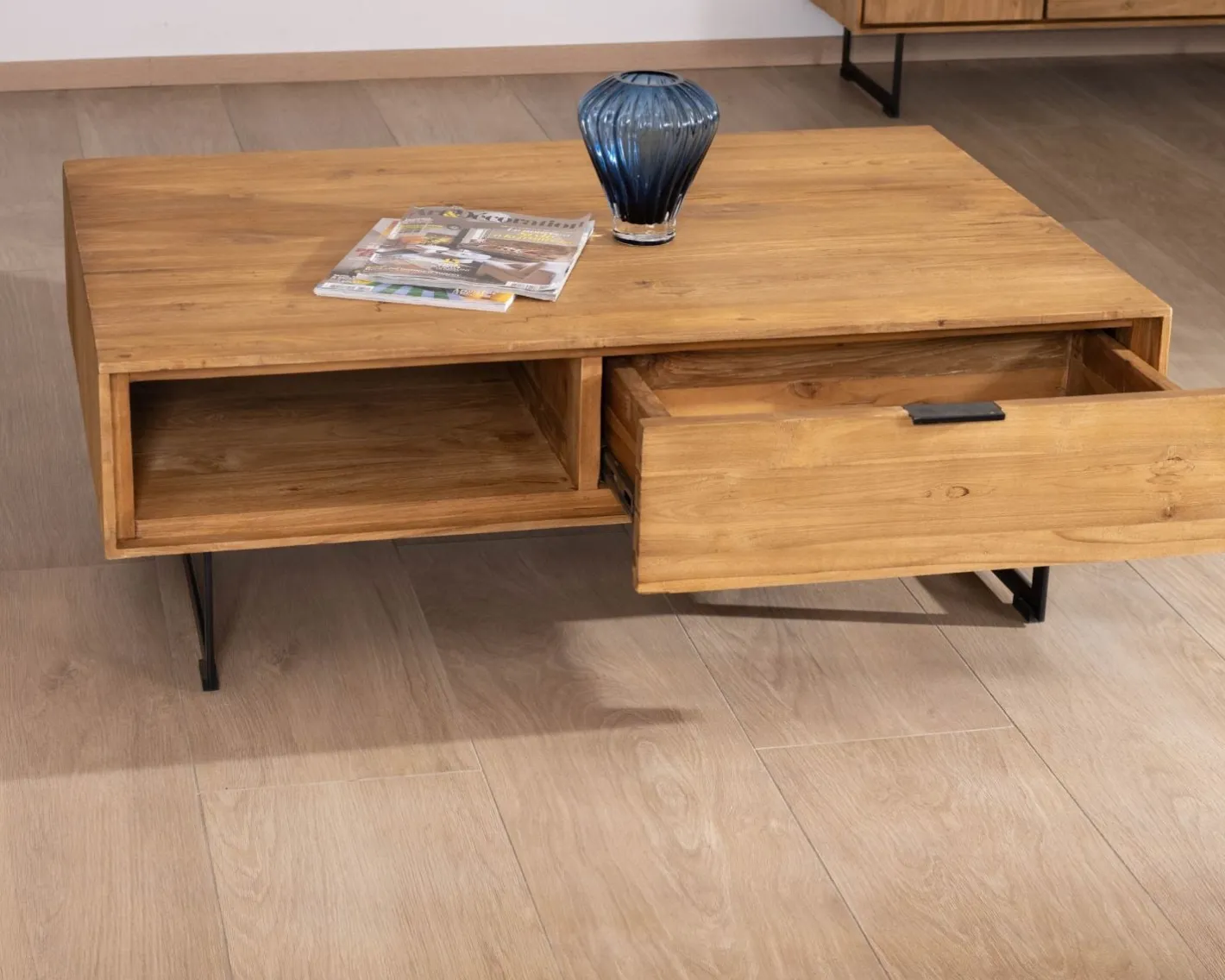 Sale Table de salon avec rangements "Bahia" teck naturel Table Basse Rectangulaire