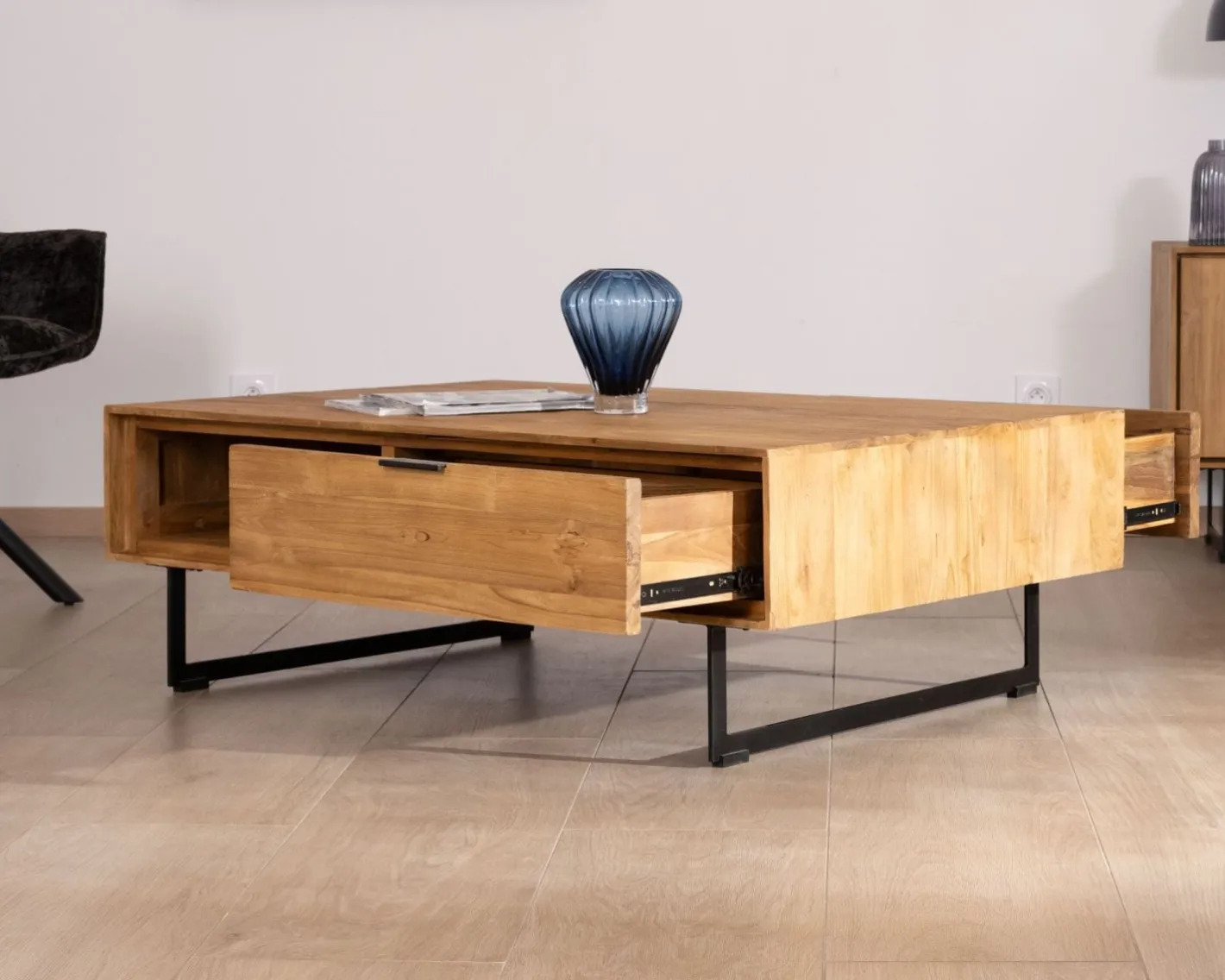 Sale Table de salon avec rangements "Bahia" teck naturel Table Basse Rectangulaire