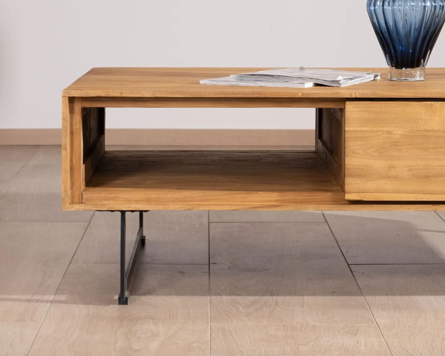 Sale Table de salon avec rangements "Bahia" teck naturel Table Basse Rectangulaire