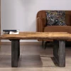 Hot Table de salon carrée en bois recyclé naturel plateau verre et pieds U noir antique "Cidade" Table Basse Carrée