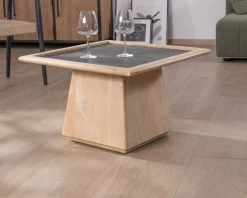 New Table de salon carrée en manguier avec plateau placage pierre "Netty" Table Basse Carrée