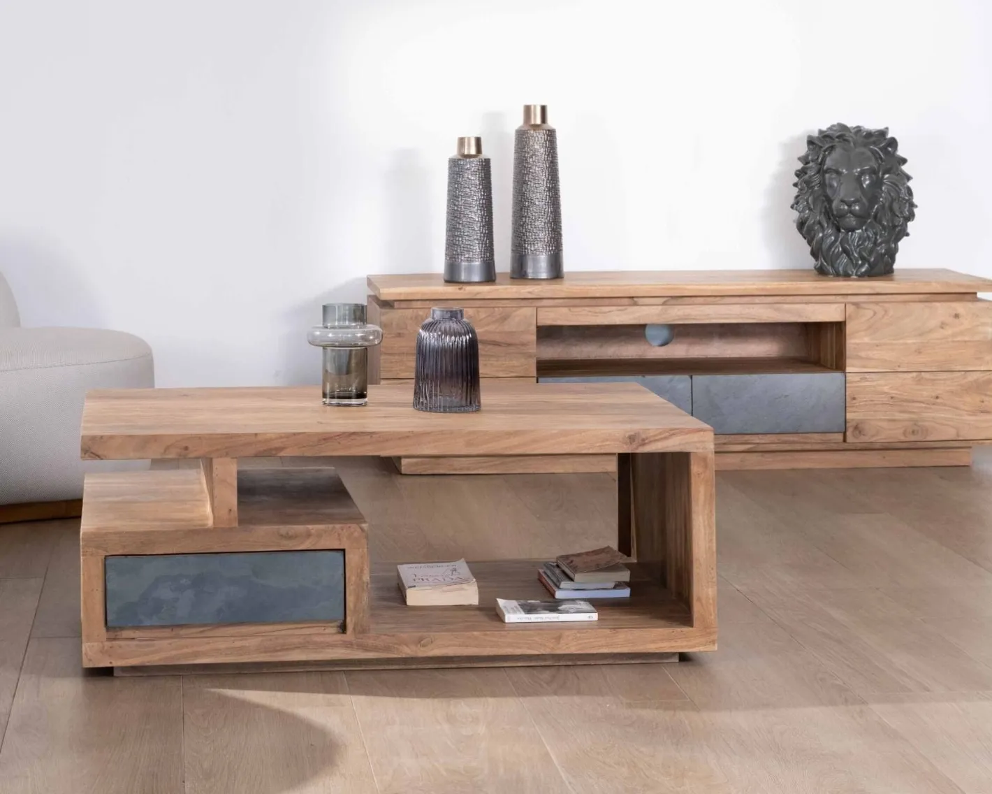 Online Table de salon contemporaine rectangulaire 120x70cm en acacia massif "Paguera" Table Basse Rectangulaire