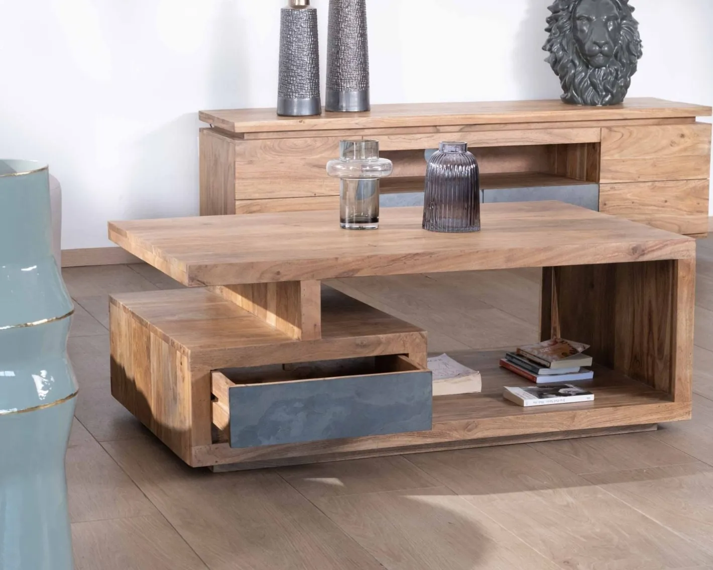 Online Table de salon contemporaine rectangulaire 120x70cm en acacia massif "Paguera" Table Basse Rectangulaire