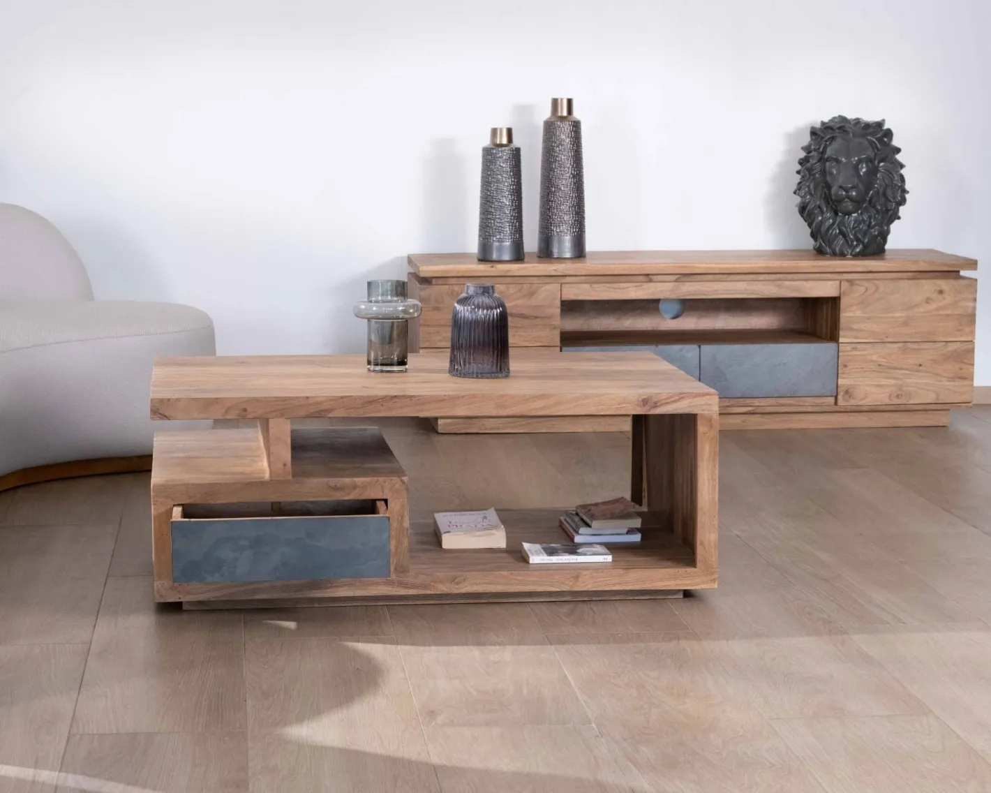 Online Table de salon contemporaine rectangulaire 120x70cm en acacia massif "Paguera" Table Basse Rectangulaire