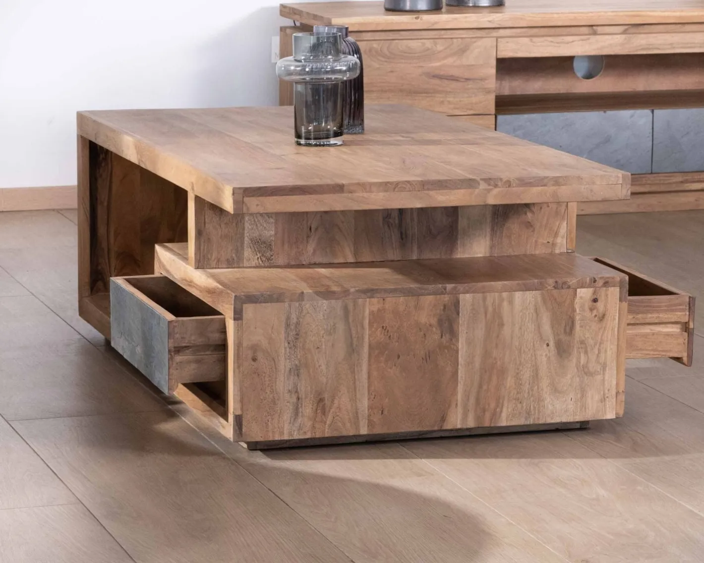 Online Table de salon contemporaine rectangulaire 120x70cm en acacia massif "Paguera" Table Basse Rectangulaire