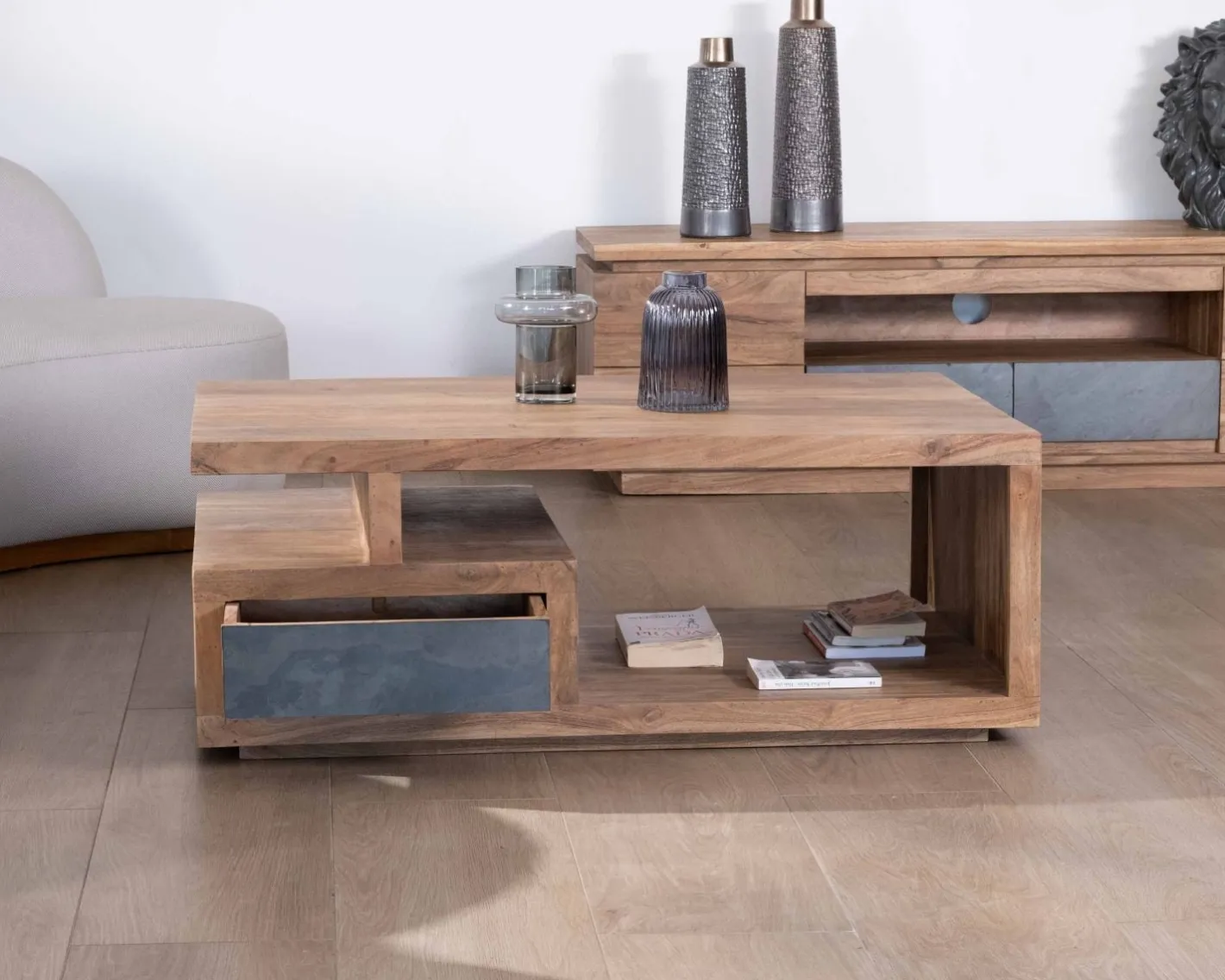 Online Table de salon contemporaine rectangulaire 120x70cm en acacia massif "Paguera" Table Basse Rectangulaire